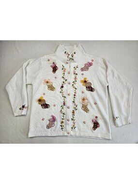 Vintage BP Design Large Floral Embroidered Christmas Holiday Cardigan Stockings